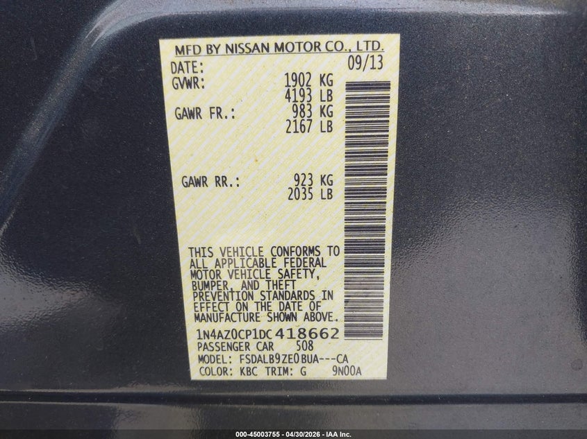 2013 Nissan Leaf S VIN: 1N4AZ0CP1DC418662 Lot: 45003755