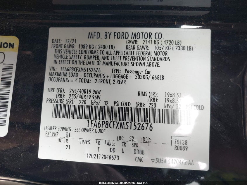 2021 FORD MUSTANG 5.0L V-8 DI, DOHC, V(VIN: 1FA6P8CFXM5152676