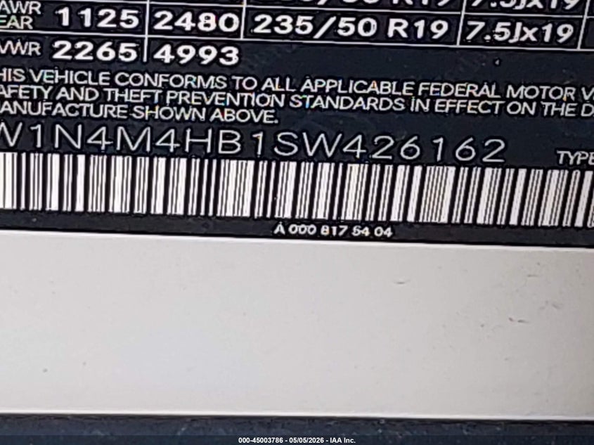 2025 MERCEDES-BENZ GLB 250 2.0L I-4 DI, DOHC, V(VIN: W1N4M4HB1SW426162