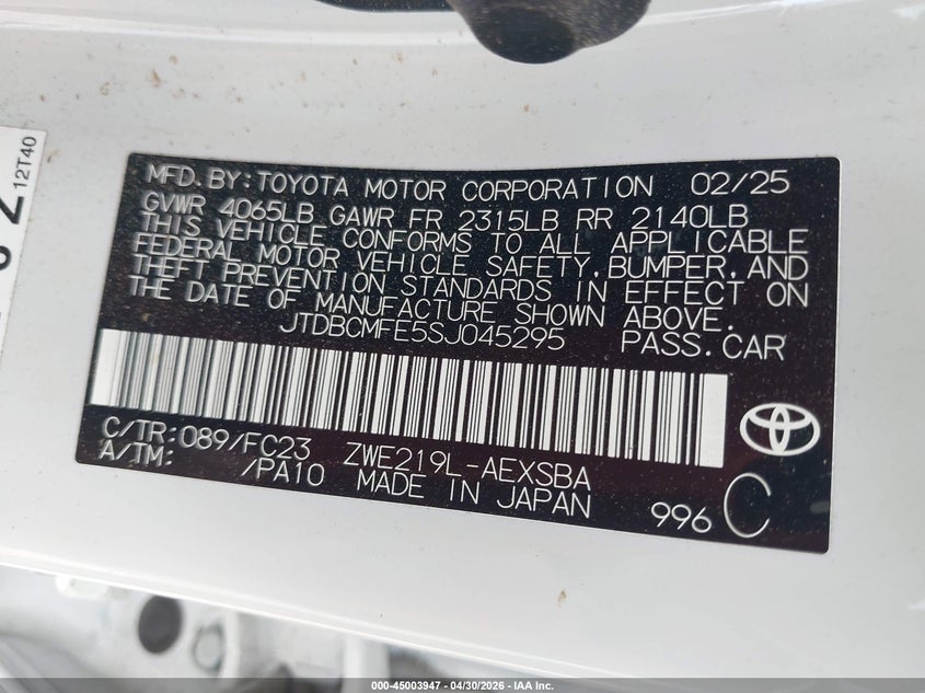 2025 TOYOTA COROLLA SEDAN 1.8L I-4 DOHC, VVT, 96HP