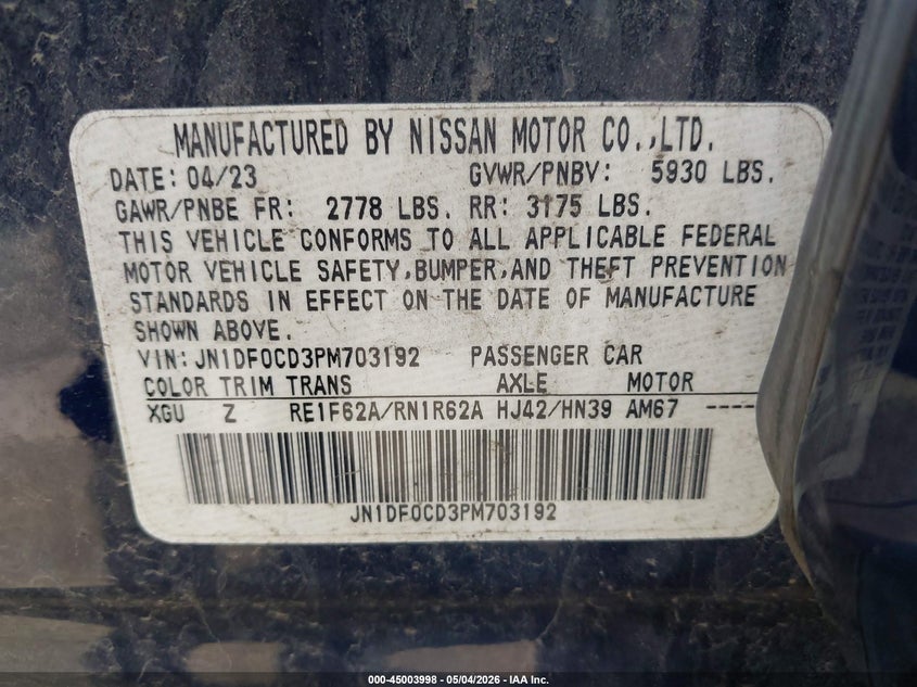 2023 Nissan Ariya Platinum+ VIN: JN1DF0CD3PM703192 Lot: 45003998