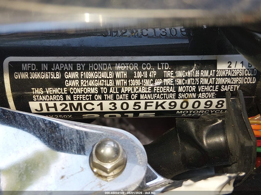 2015 Honda Cmx250 C VIN: JH2MC1305FK900987 Lot: 45004149