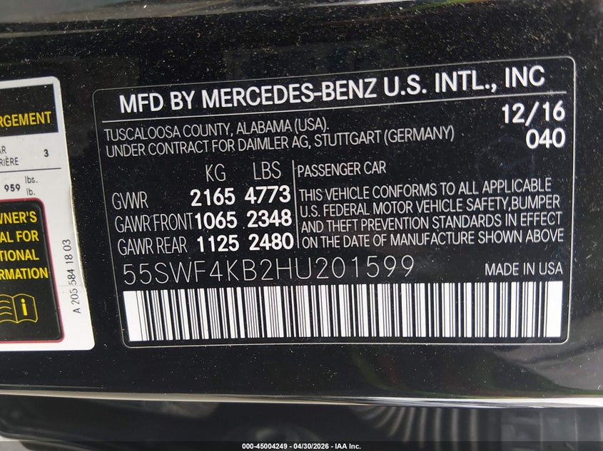 VIN 55SWF4KB2HU201599 2017 MERCEDES-BENZ C 300 4MATIC