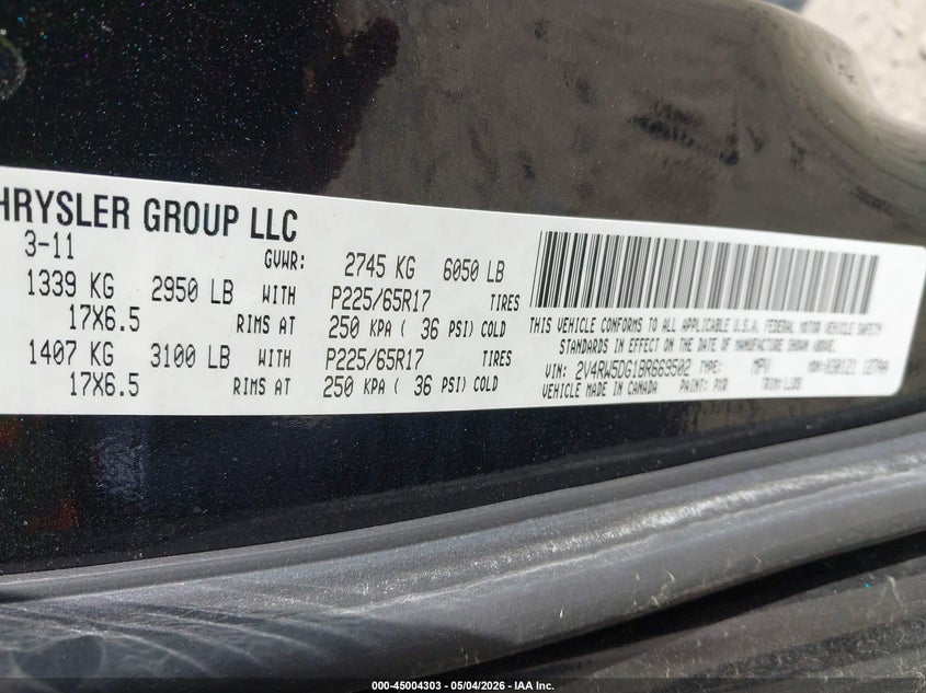 2011 Volkswagen Routan Sel VIN: 2V4RW5DG1BR669502 Lot: 45004303