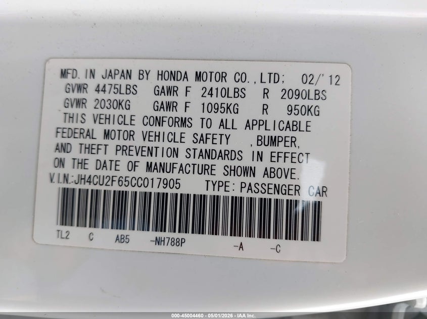 2012 Acura Tsx 2.4 White Lot 111045004460 Vin JH4CU2F65CC017905
