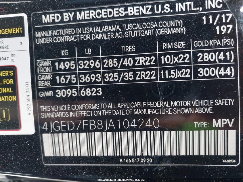 2018 Mercedes-Benz Amg Gle 63 Coupe S 4Matic VIN: 4JGED7FB8JA104240 Lot: 45004483