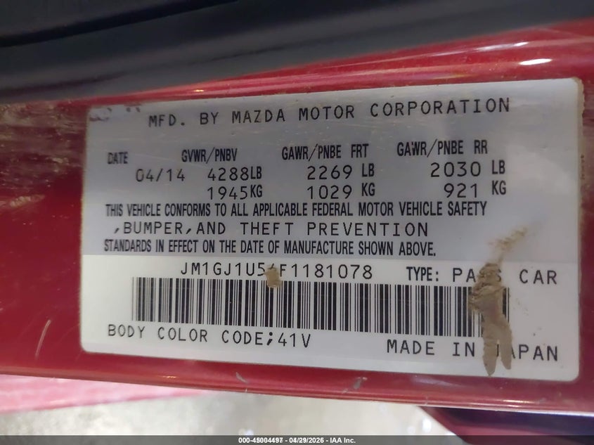 2015 MAZDA 6 SEDAN 2.5L I-4 DI, DOHC, VVT, 184HP