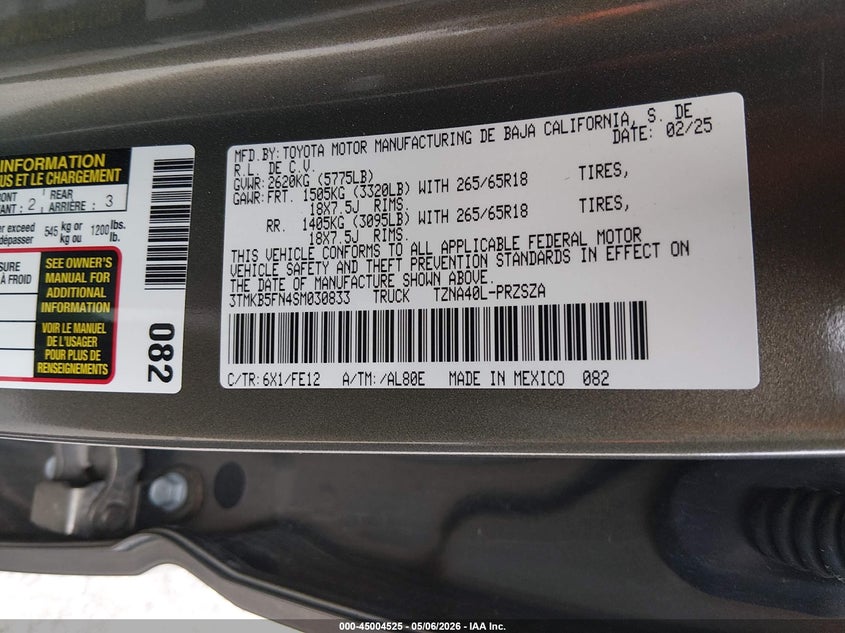 2025 TOYOTA TACOMA 2.4L I-4 DI, DOHC, V(VIN: 3TMKB5FN4SM030833