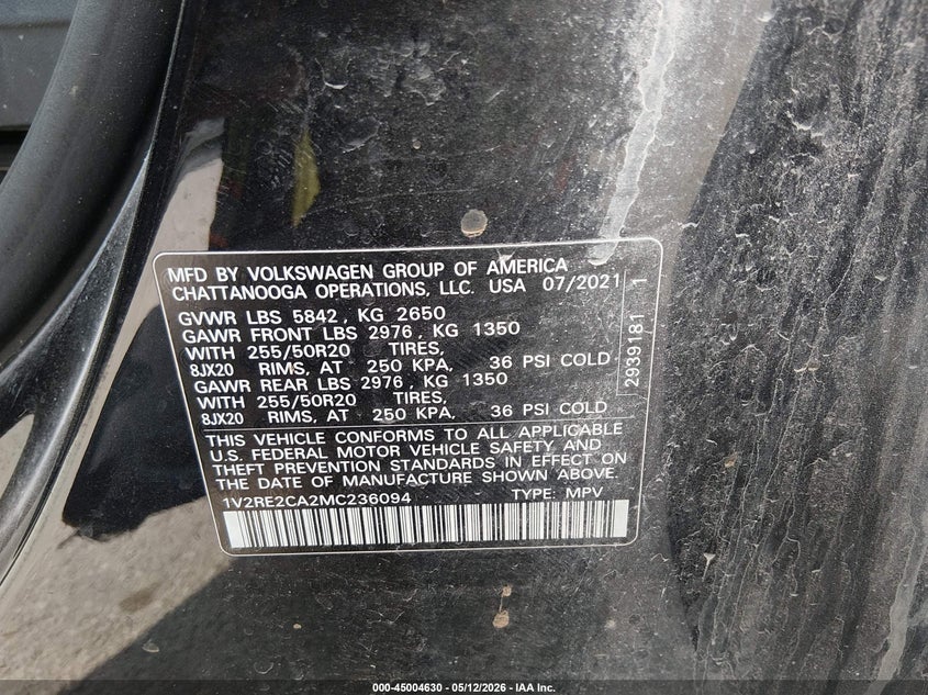 2021 Volkswagen Atlas Cross Sport 3.6L V6 Se W/Technology R-Line VIN: 1V2RE2CA2MC236094 Lot: 45004630