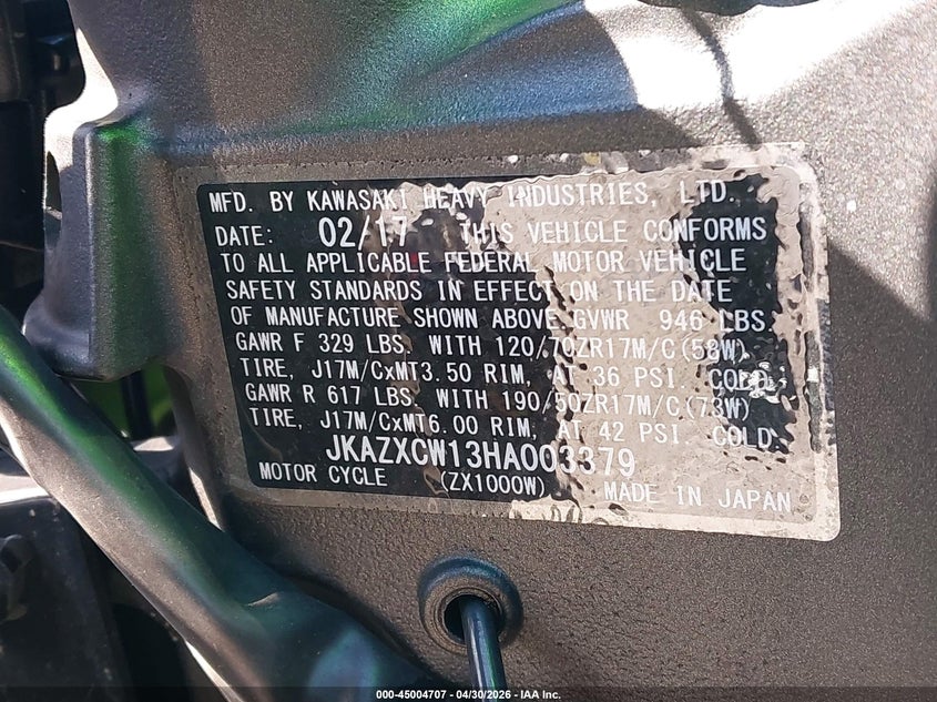 2017 Kawasaki Zx1000 W VIN: JKAZXCW13HA003379 Lot: 45004707