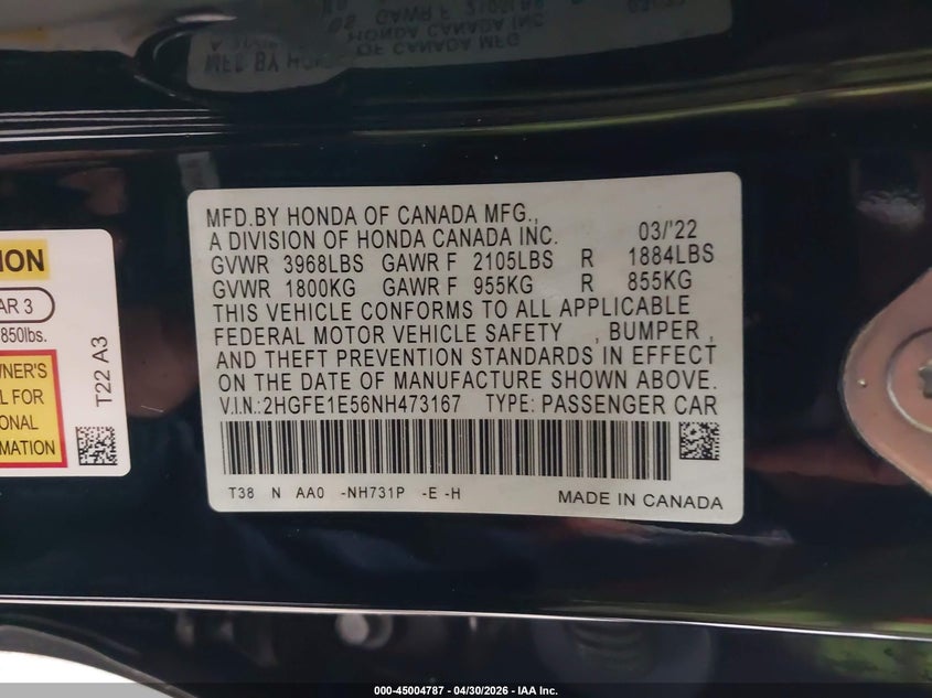 VIN 2HGFE1E56NH473167 2022 HONDA CIVIC SI SEDAN