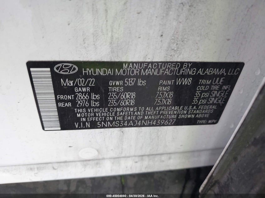 VIN 5NMS34AJ4NH439627 2022 HYUNDAI SANTA FE SEL