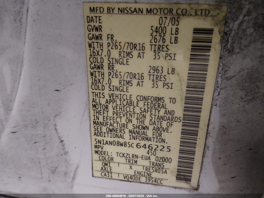 2005 Nissan Xterra S VIN: 5N1AN08W85C646225 Lot: 45004916