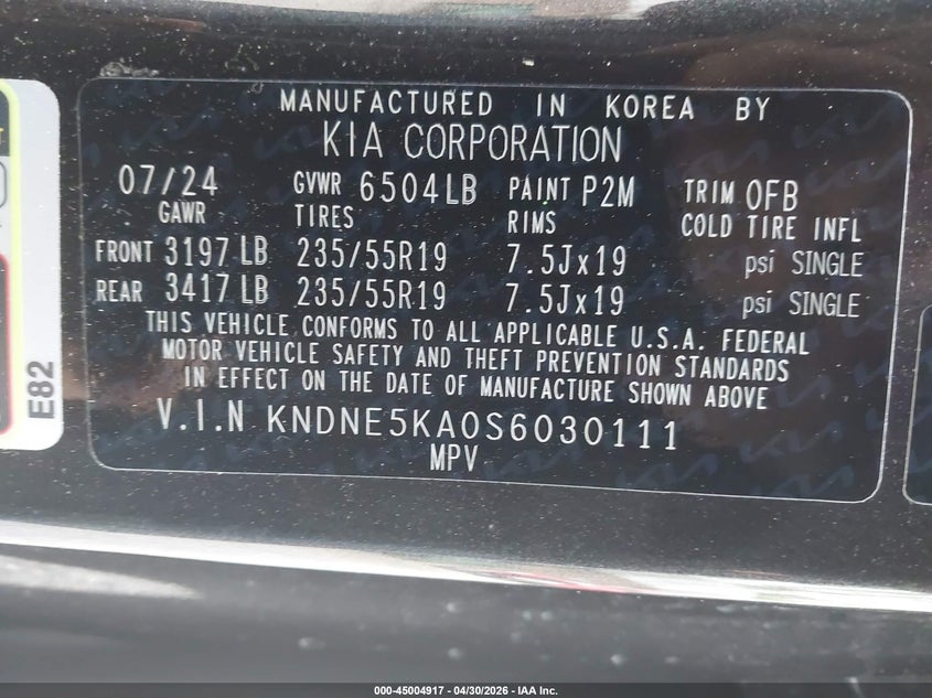 2025 Kia Carnival Mpv Hybrid Sx Prestige VIN: KNDNE5KA0S6030111 Lot: 45004917