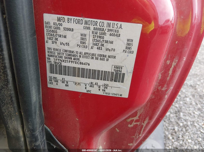 FORD F-250 2000 VIN 1FTNX21F9YEC86476