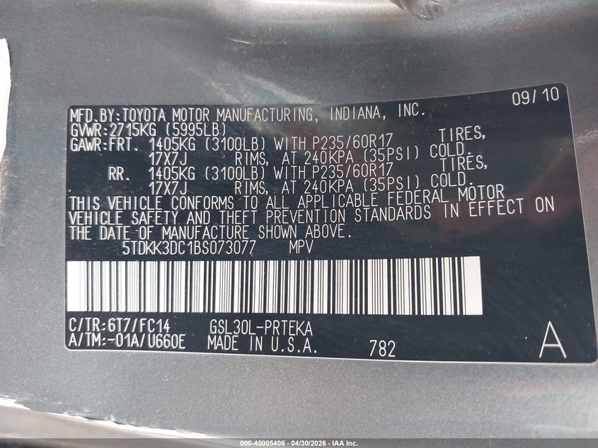 2011 TOYOTA SIENNA VAN 3.5L V-6 DOHC, VVT, 265HP