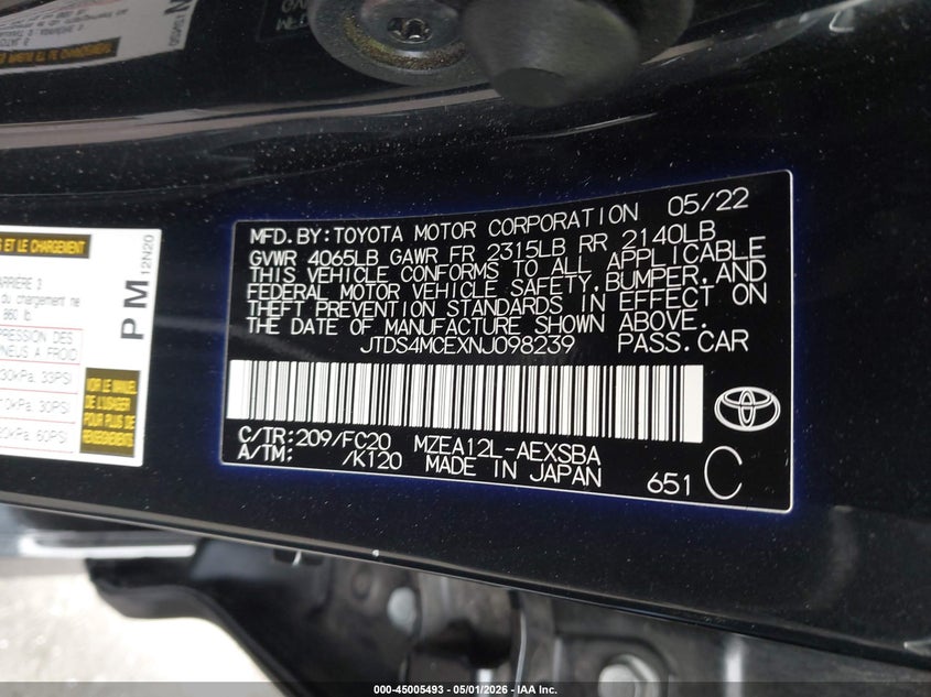 2022 TOYOTA COROLLA 2.0L I-4 DI, DOHC, V(VIN: JTDS4MCEXNJ098239