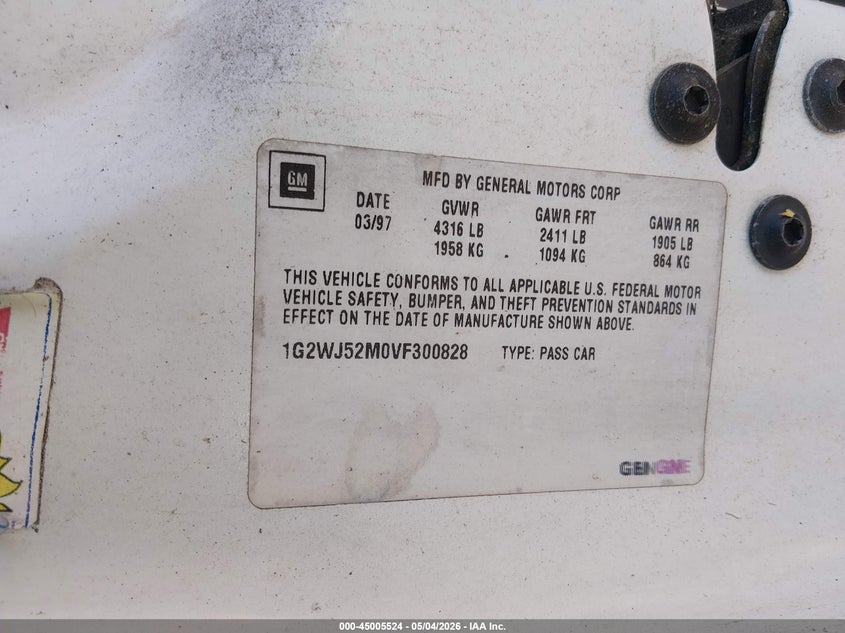 1997 Pontiac Grand Prix Se VIN: 1G2WJ52M0VF300828 Lot: 45005524