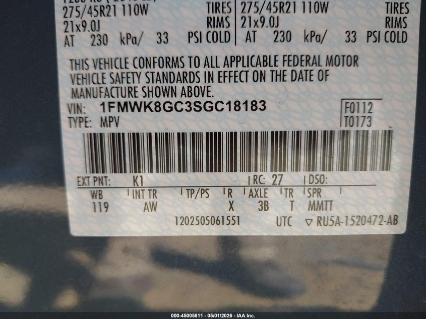 VIN 1FMWK8GC3SGC18183 2025 FORD EXPLORER ST