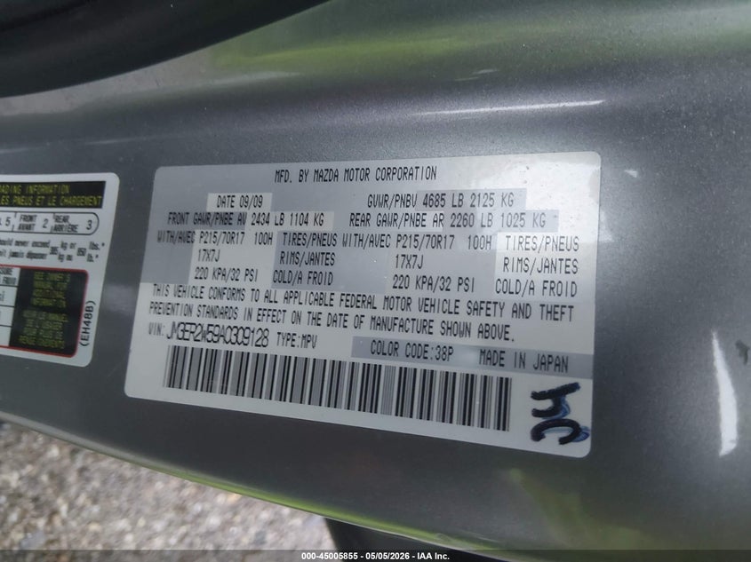 2010 Mazda Cx-7 I Sv VIN: JM3ER2W59A0309128 Lot: 45005855