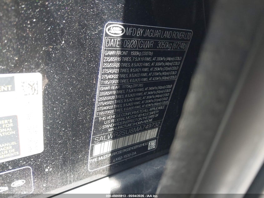 2021 Land Rover Range Rover Sport Hse Silver Edition Mhev VIN: SALWR2SU8MA749732 Lot: 45005913
