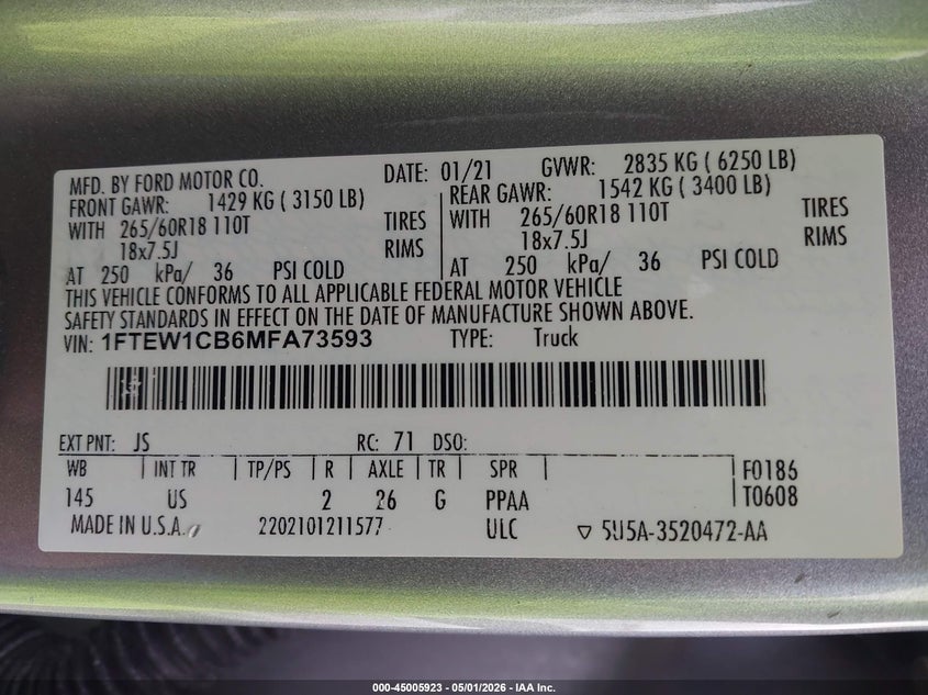 VIN 1FTEW1CB6MFA73593 2021 FORD F-150 XL/XLT
