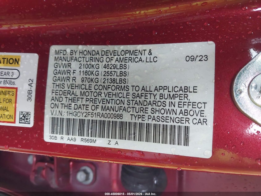 HONDA ACCORD HYBRID 2024 VIN 1HGCY2F51RA000988