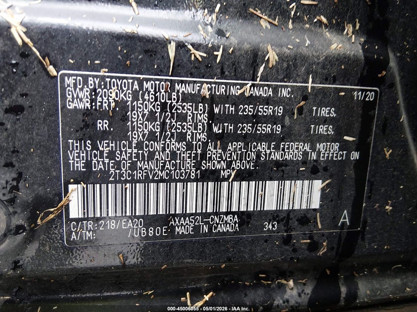 2021 TOYOTA RAV4 2.5L I-4 DI, DOHC, V(VIN: 2T3C1RFV2MC103781