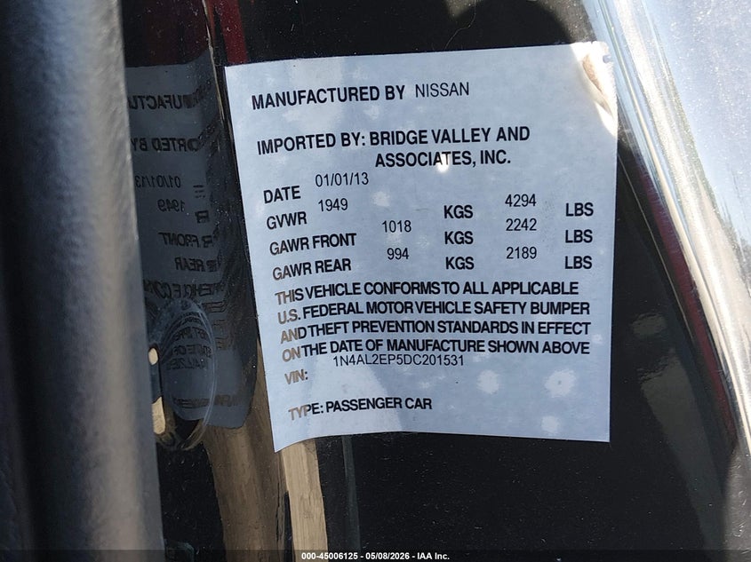 2013 NISSAN ALTIMA COUPE 2.5L I-4 DOHC, VVT, 175HP