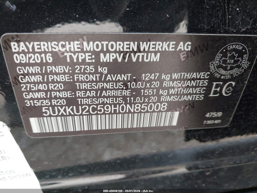2017 BMW X6 xDrive35I VIN: 5UXKU2C59H0N85008 Lot: 45006188