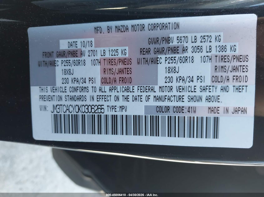 MAZDA CX-9 2019 VIN JM3TCACY0K0306265