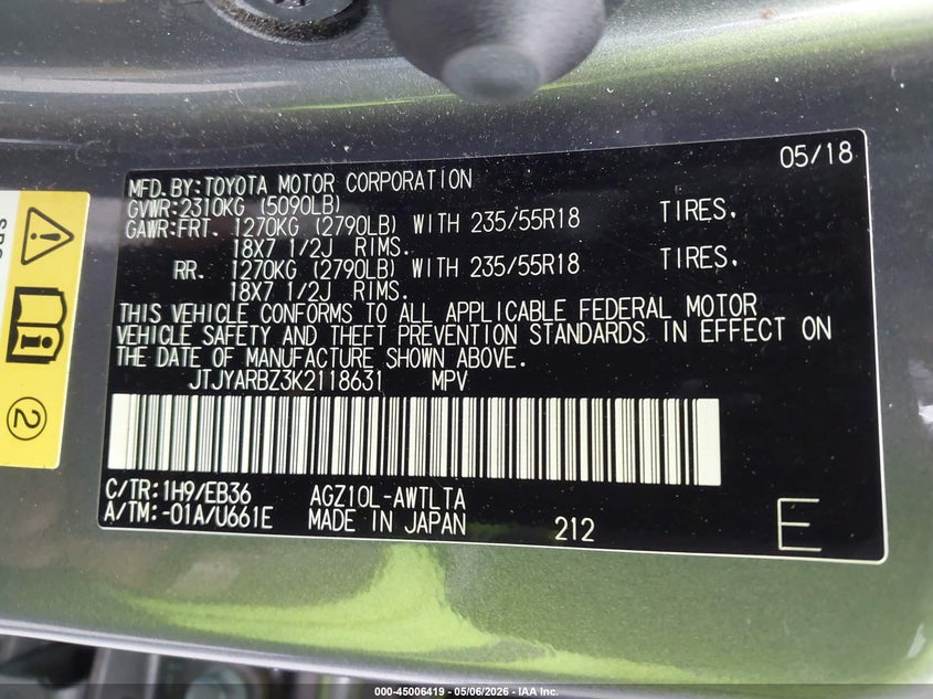 LEXUS NX 300 2019 VIN JTJYARBZ3K2118631