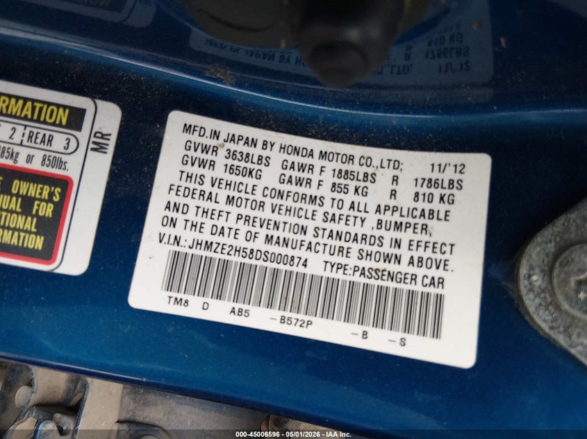2013 Honda Insight Lx VIN: JHMZE2H58DS000874 Lot: 45006596