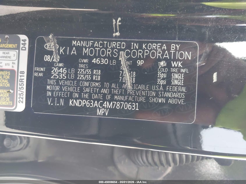 2021 KIA SPORTAGE 2.4L I-4 DI, DOHC, V(VIN: KNDP63AC4M7870631
