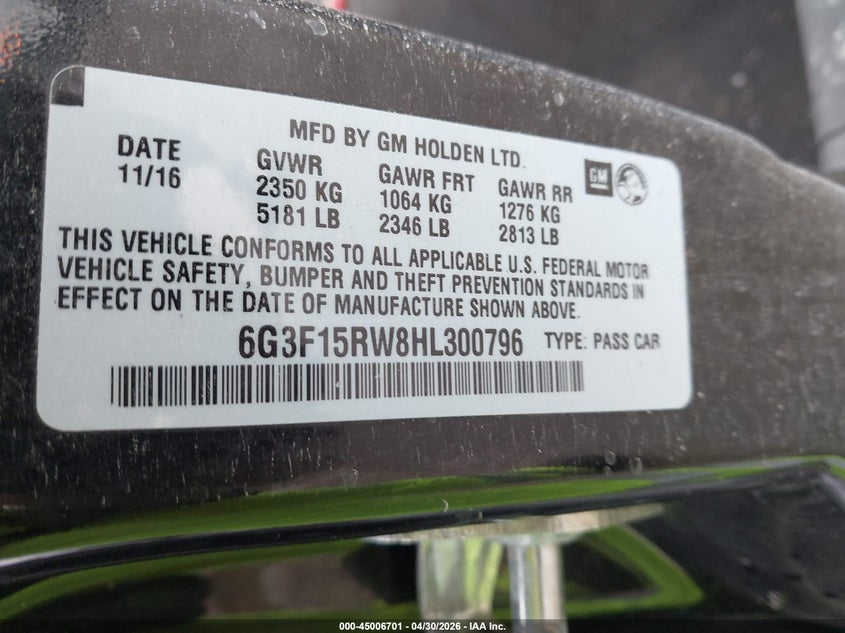 2017 Chevrolet Ss VIN: 6G3F15RW8HL300796 Lot: 45006701