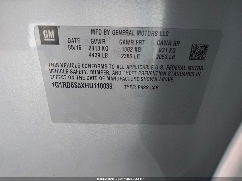 2017 Chevrolet Volt Premier VIN: 1G1RD6S5XHU110039 Lot: 45006708