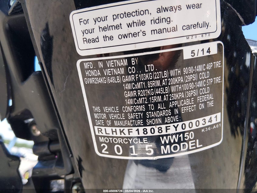 2015 Honda Pcx 150 VIN: RLHKF1808FY000341 Lot: 45006726