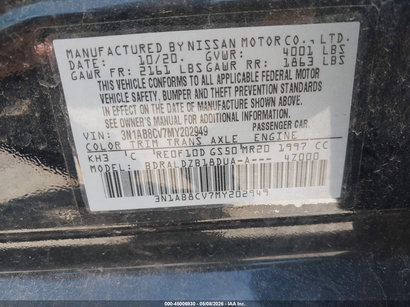 VIN 3N1AB8CV7MY202949 2021 NISSAN SENTRA SV XTRONIC CVT