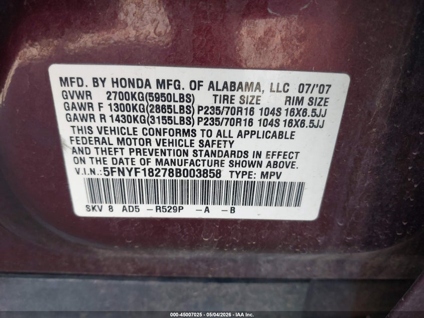 2008 HONDA PILOT SPORT UTILITY VEHICLE 3.5L V-6 VVT, 244HP