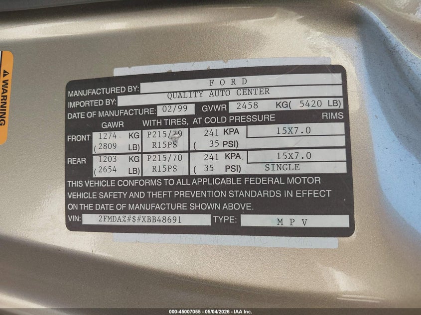 1999 Ford Windstar Sel VIN: 2FMDA5343XBB48691 Lot: 45007055