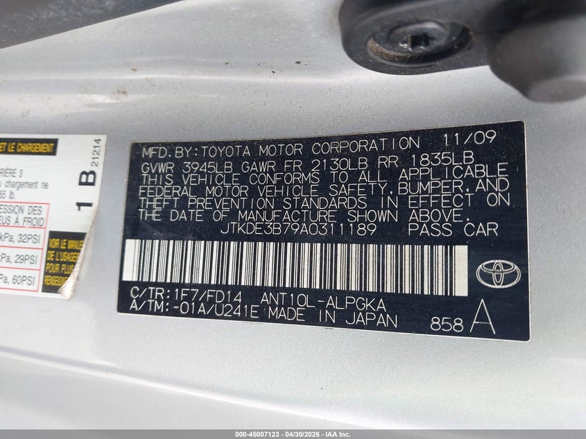 2010 Scion Tc VIN: JTKDE3B79A0311189 Lot: 45007123