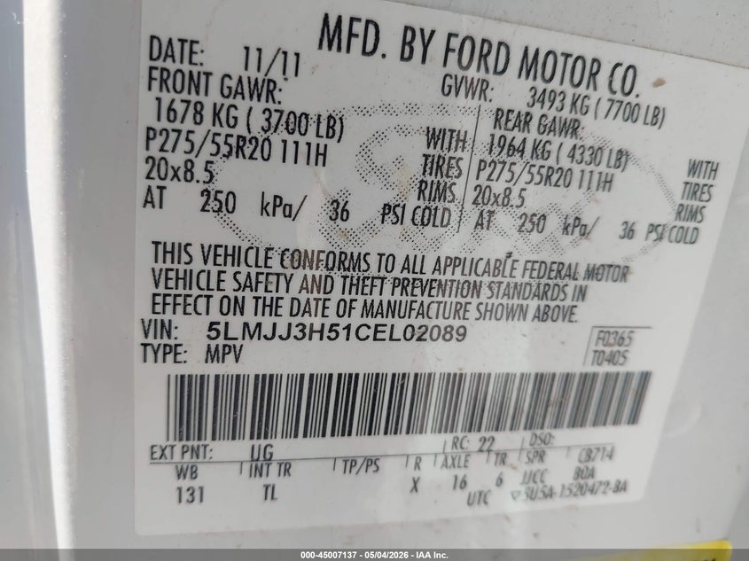2012 Lincoln Navigator L VIN: 5LMJJ3H51CEL02089 Lot: 45007137