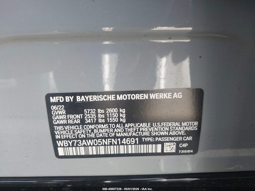 2022 BMW I4 Edrive40 VIN: WBY73AW05NFN14691 Lot: 45007226