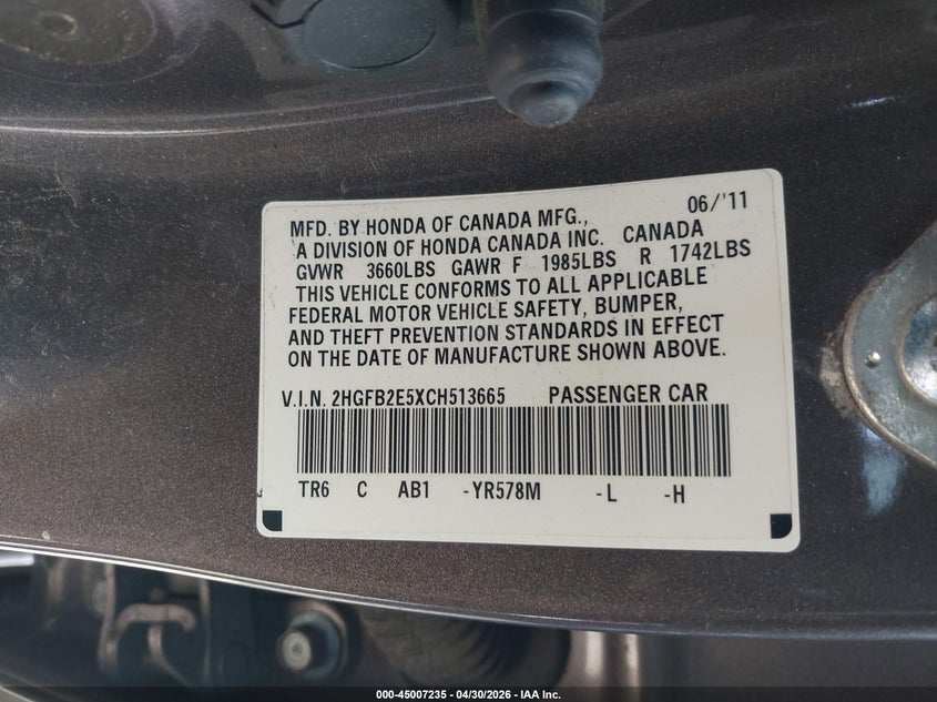 2012 Honda Civic 1.8 Lx grey Lot 111045007235 Vin 2HGFB2E5XCH513665