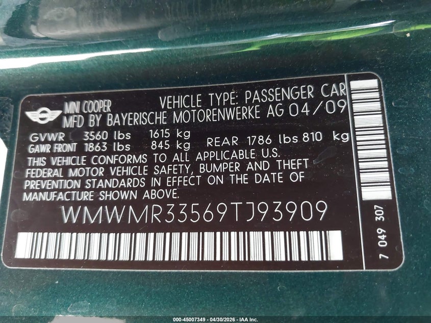 2009 MINI COOPER CABRIO 1.6L I-4 DOHC, VVT, 118HP