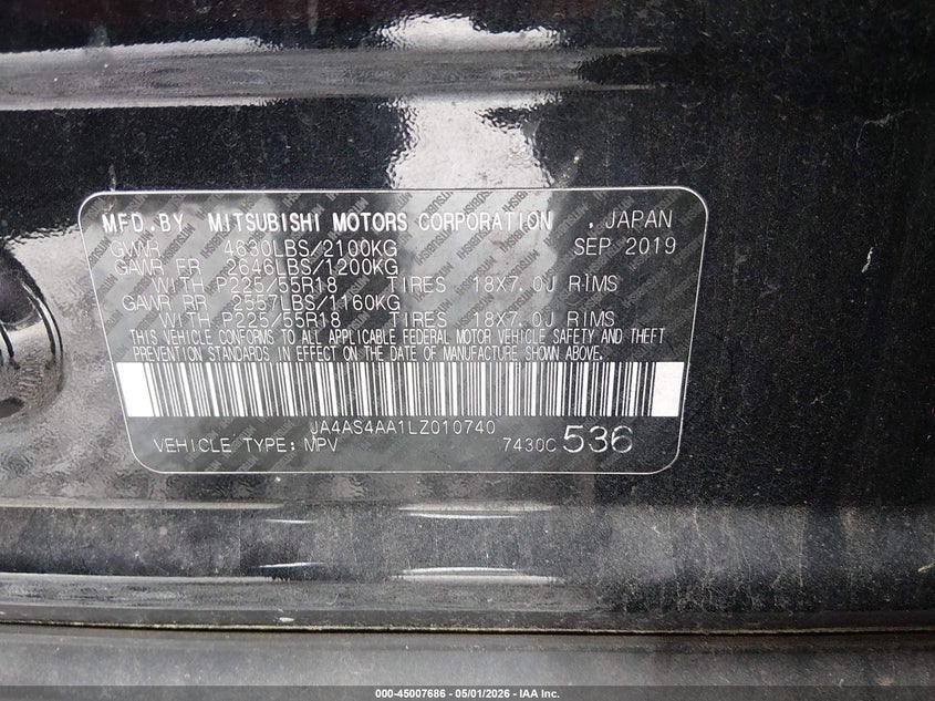 2020 Mitsubishi Eclipse Cross Sp 1.5T VIN: JA4AS4AA1LZ010740 Lot: 45007686