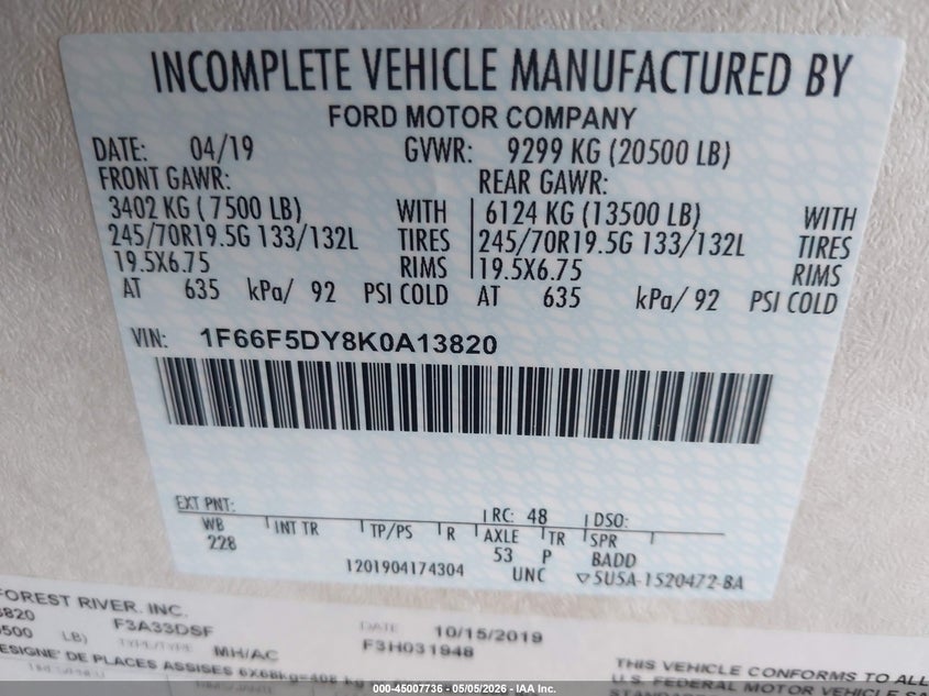 2019 Ford 33Ds brown Lot 111045007736 Vin 1F66F5DY8K0A13820