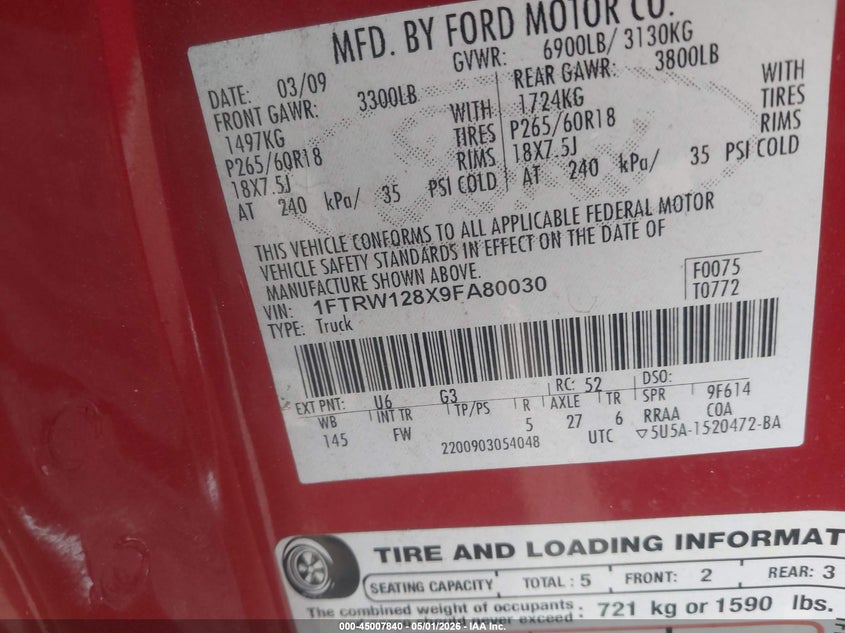2009 FORD F-150 TRUCK 4.6L V-8 292HP