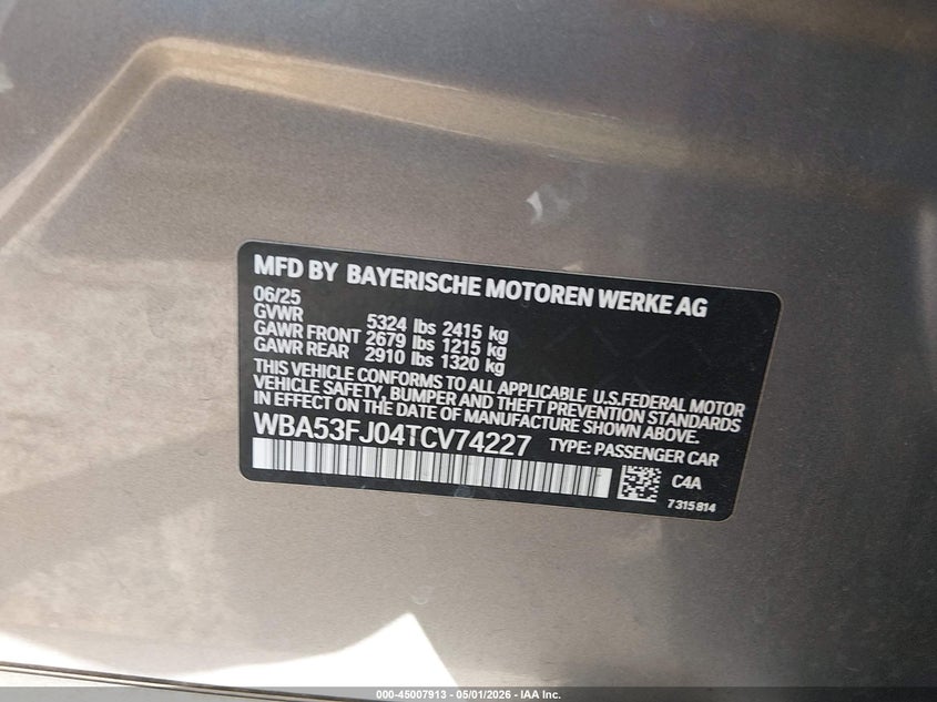 VIN: WBA53FJ04TCV74227 2026 BMW 530I XDRIVE