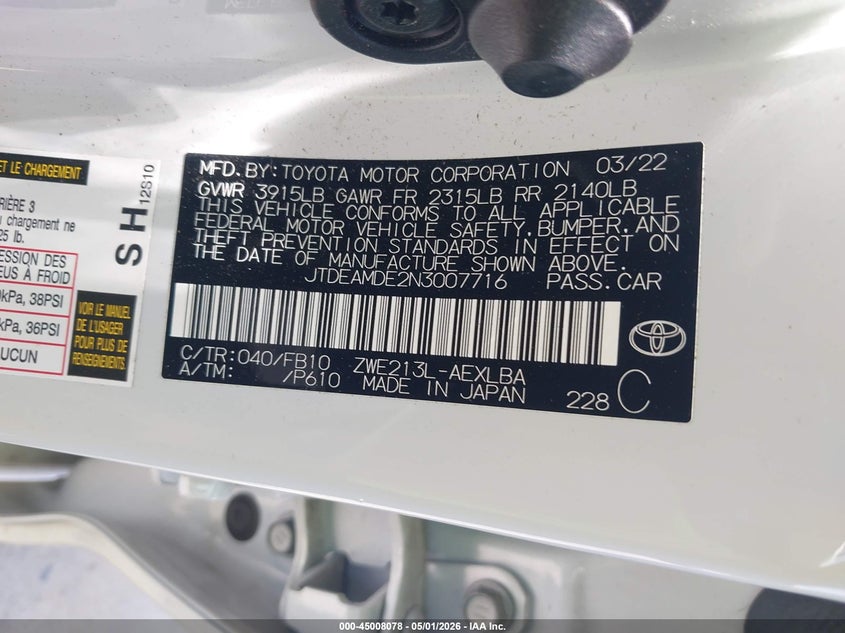 2022 TOYOTA COROLLA 1.8L I-4 DOHC, VVT, (VIN: JTDEAMDE2N3007716